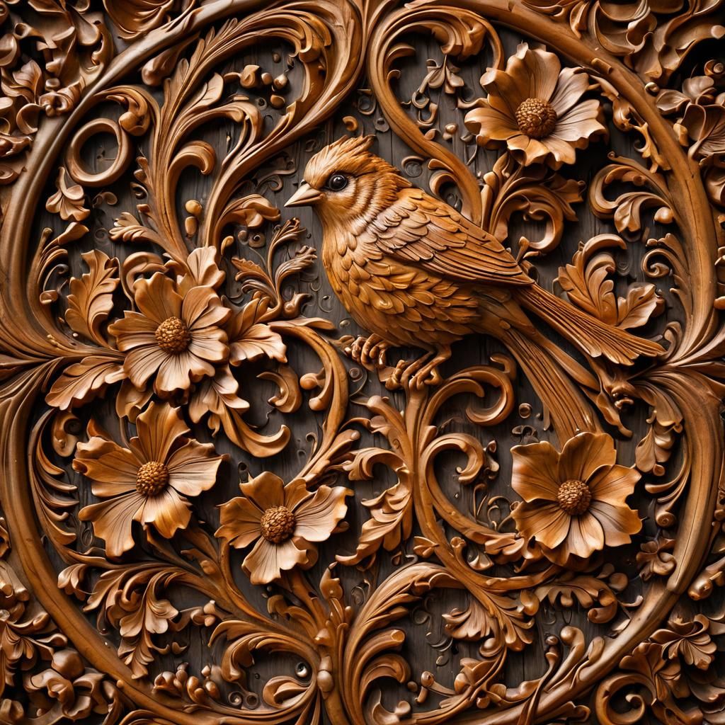 Baroque Wood Carving of Songbirds and Flowers
