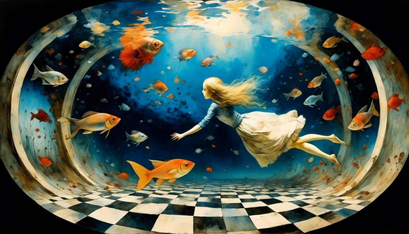 Alice in Underwater Dreamscape: Escher-Inspired Art
