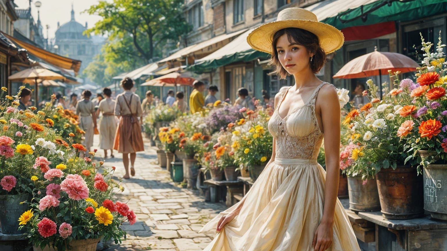 Whimsical Flower Market Scene in Classical Style