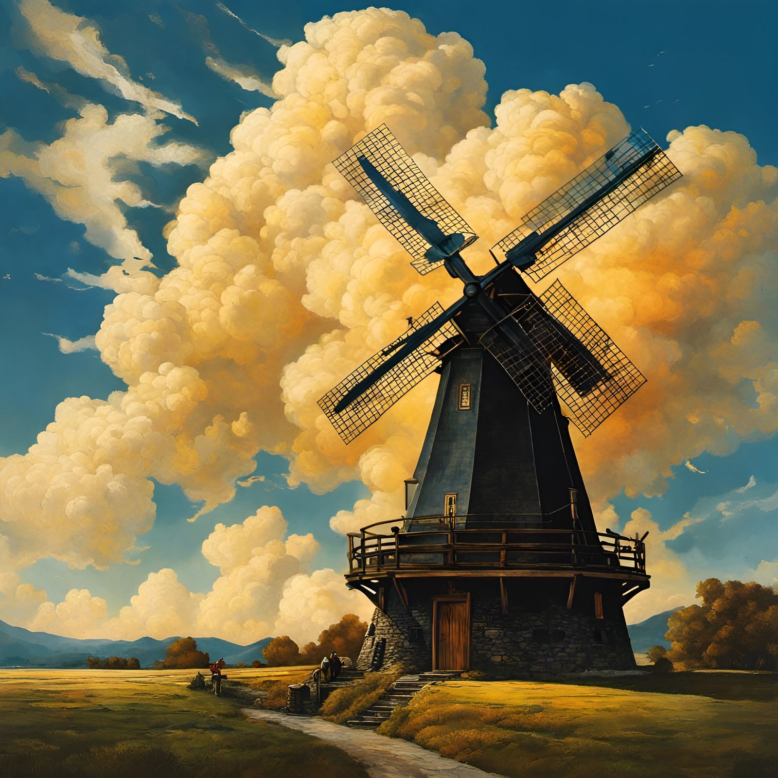 Celestial Dutch Windmill in Surreal Glitch Art