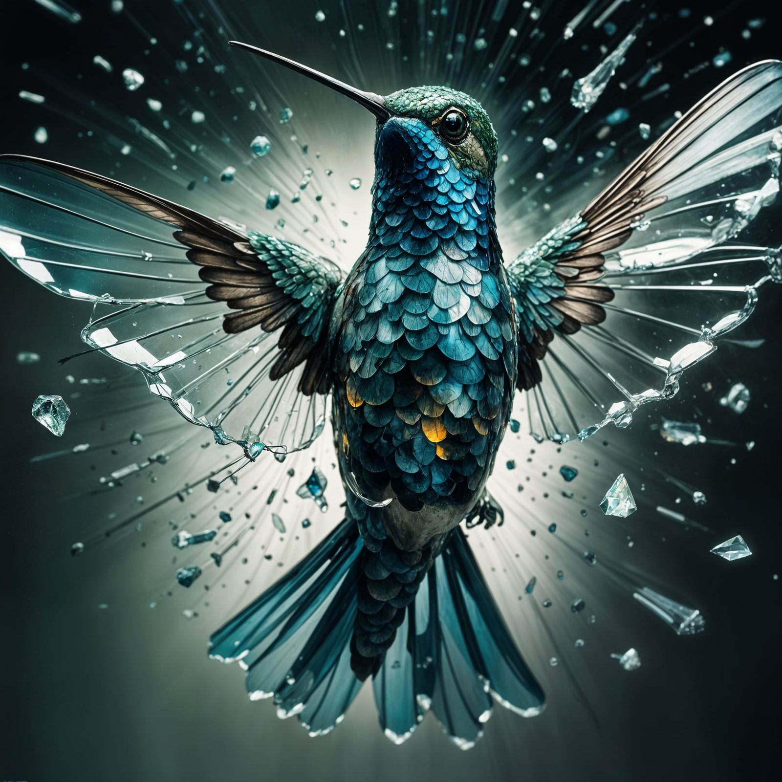 Exploding Glass Hummingbird Portrait in Mixed-Media Style