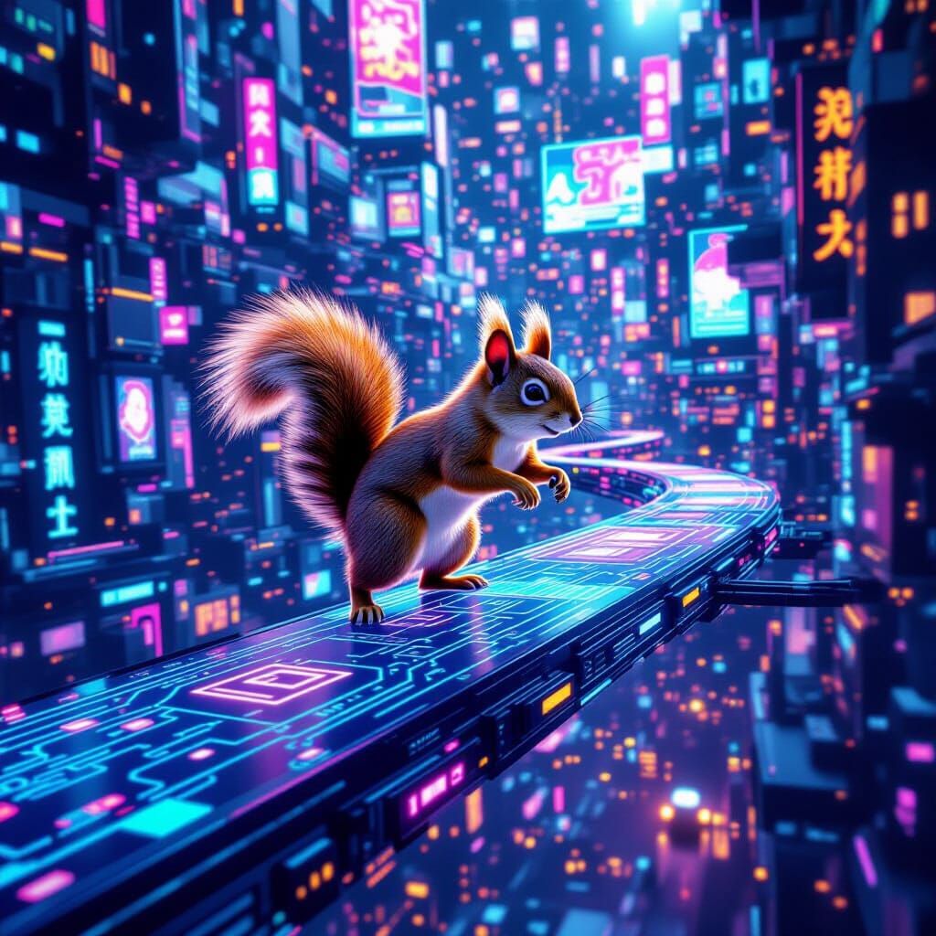 Energetic Squirrel Navigates Cyberpunk Circuit Board Citysca...