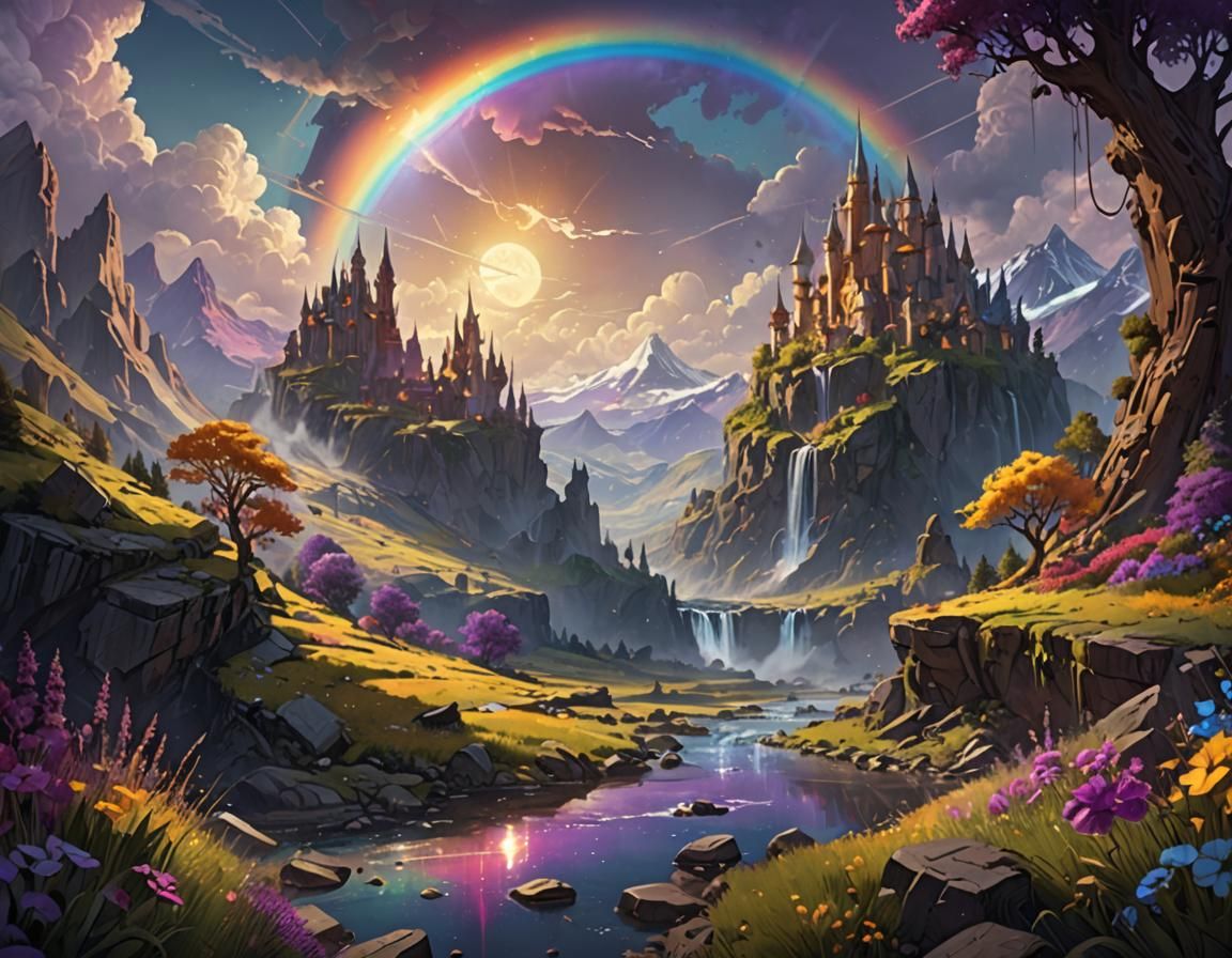 Dark Fantasy Rainbow Landscape, Hyperdetailed Concept Art