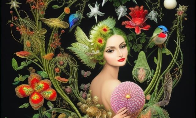 Detailed Color Illustration of a Fairy with Birds