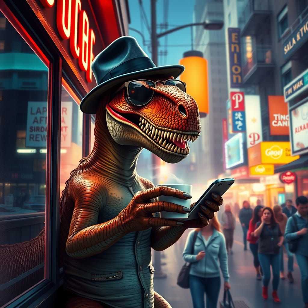 A Velociraptor in a Neon Café, Blending Prehistory and Moder...