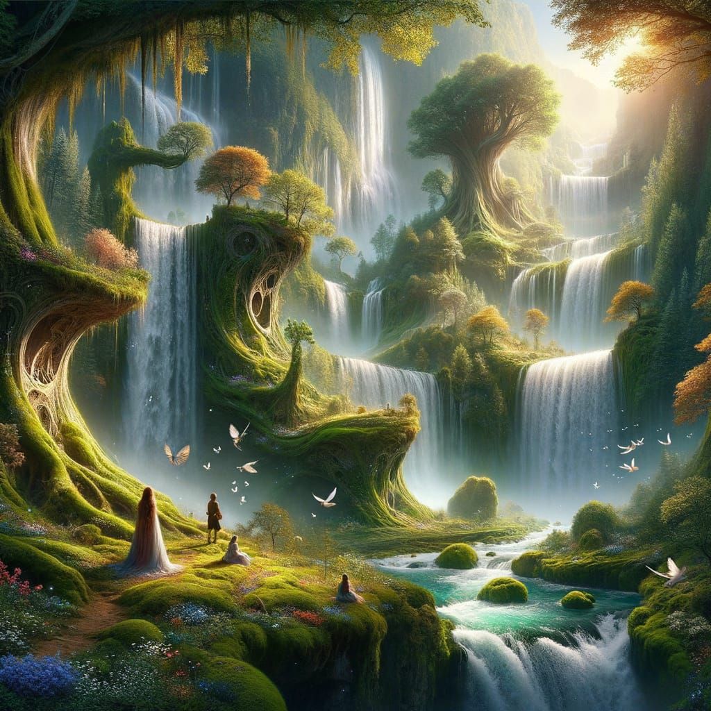 Ethereal Waterfall Landscape in Cosmic Fantasy Style