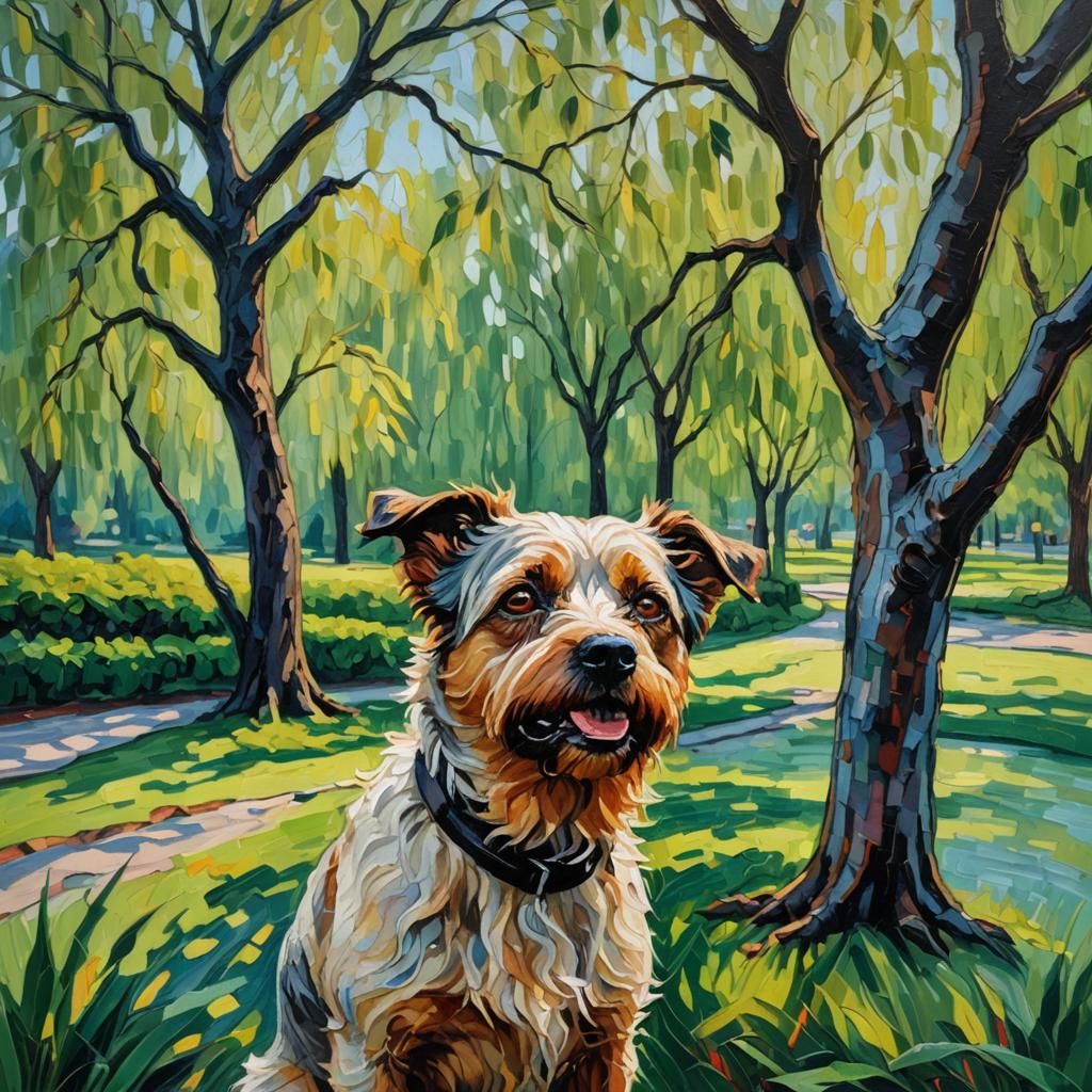Hopeful Dog in Park: An Expressionist Oil Painting
