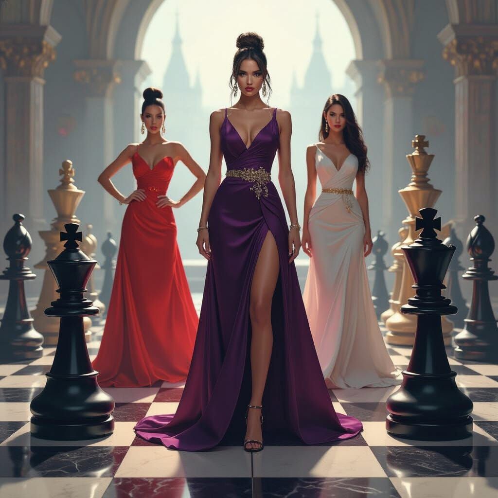 Elegant Women on Ornate Chessboard, Dramatic Digital Art