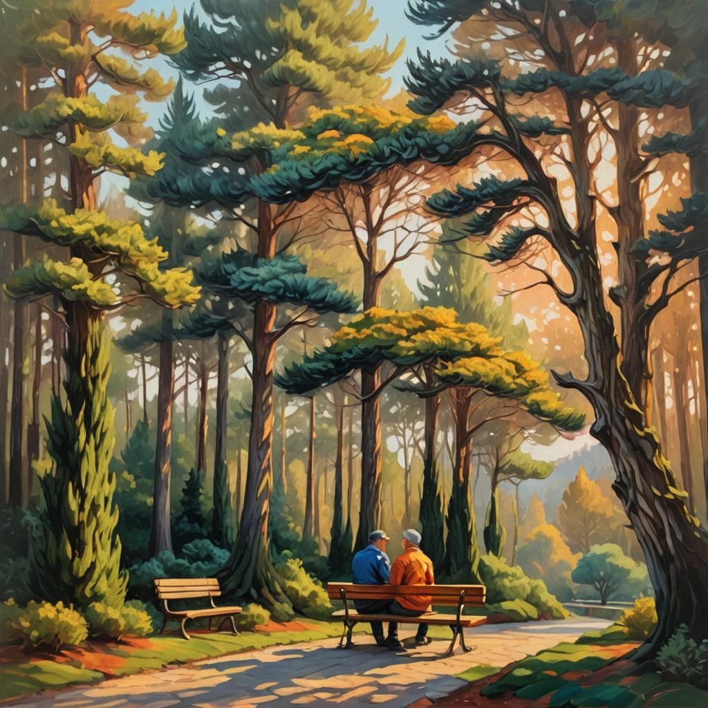 Man on Bench Surrounded by Cypress Trees as Impasto Painting