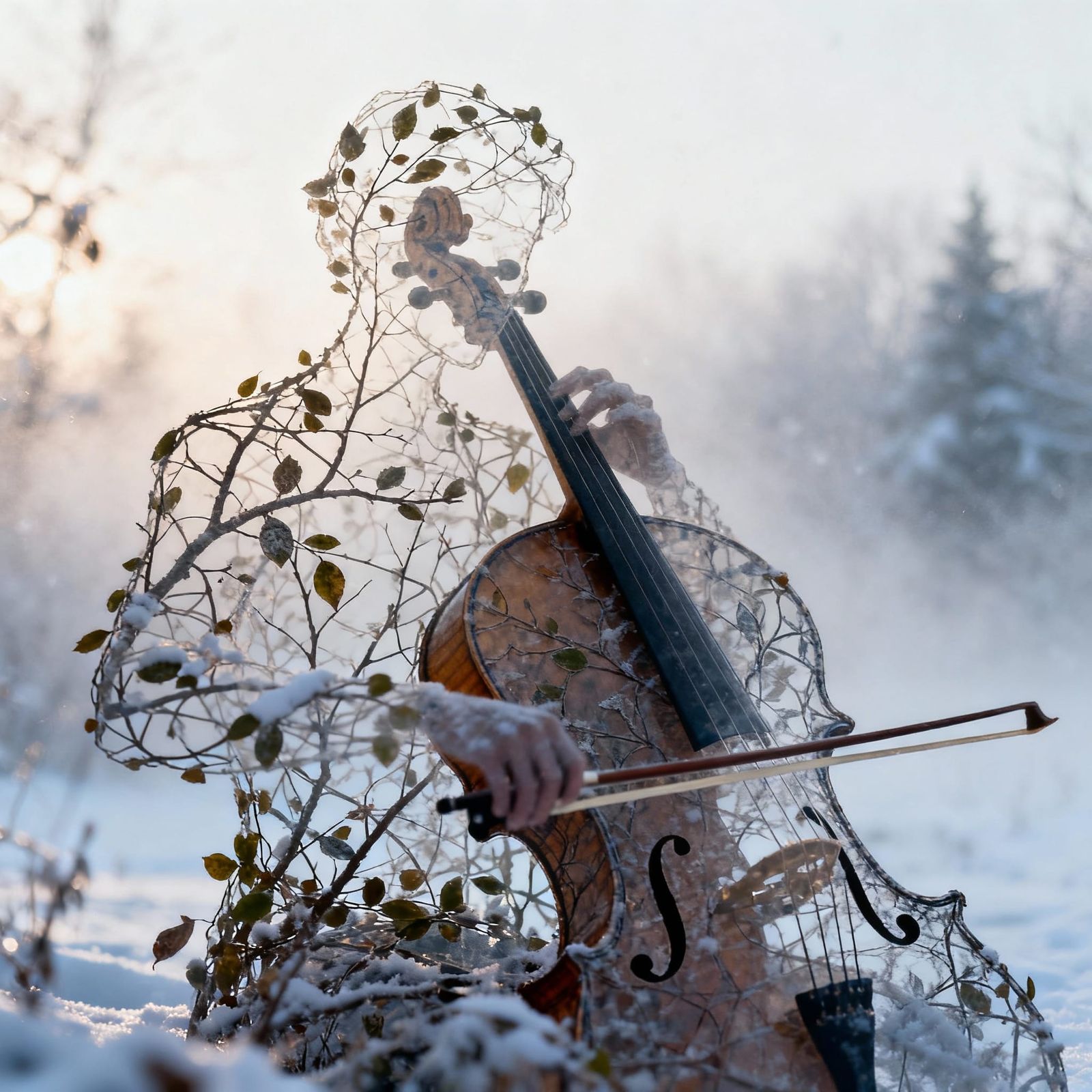 Cellist Outline Amidst Winter Fog