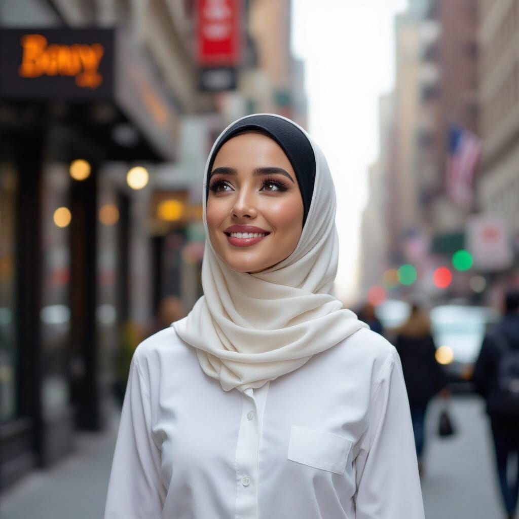 Hijabi Woman in Bustling Manhattan Street