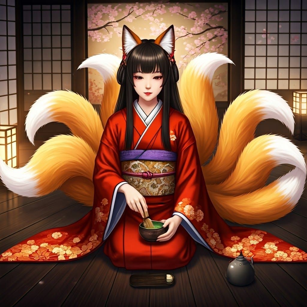 Elegant Kitsune Tea Ceremony in Anime Style