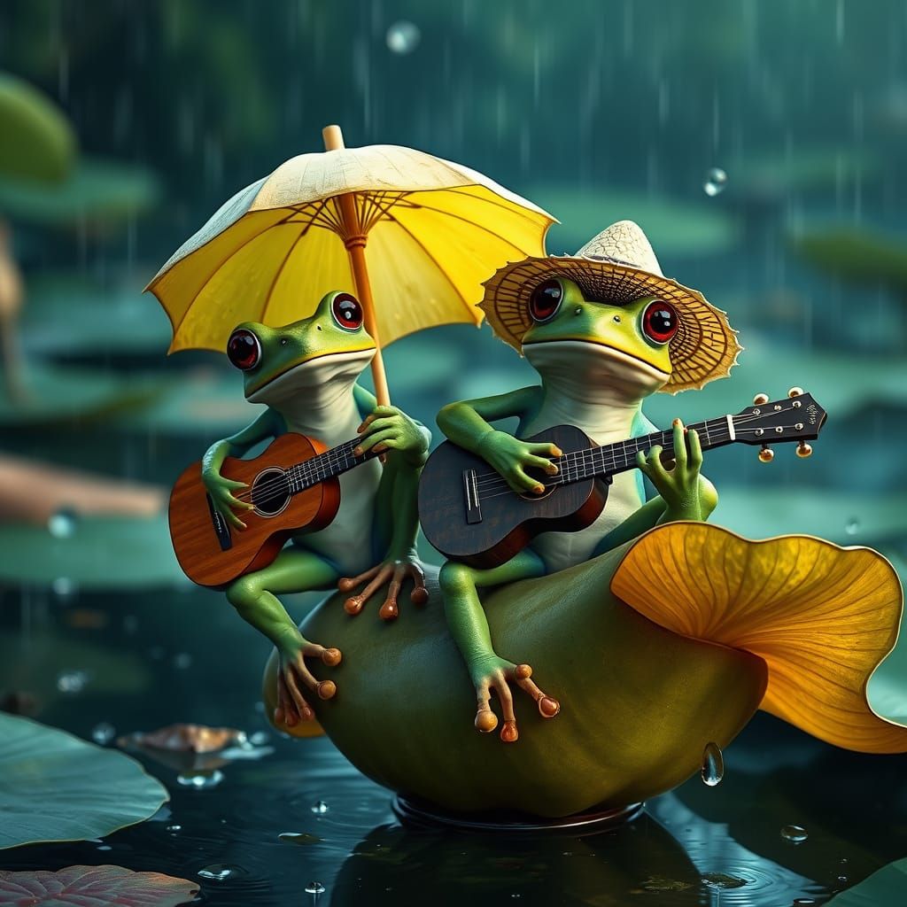 Anthropomorphic Tree Frogs in Jungle Scene
