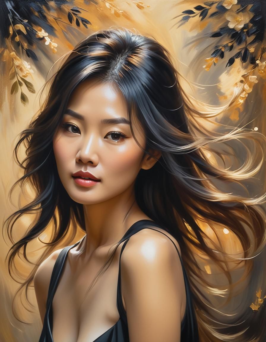 Beautiful Asian Woman in Neo-Impressionist Oil Painting