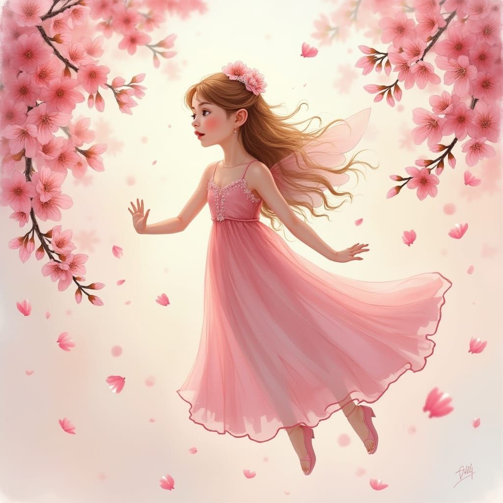 Fairy in Cherry Blossoms with Watercolor Textures