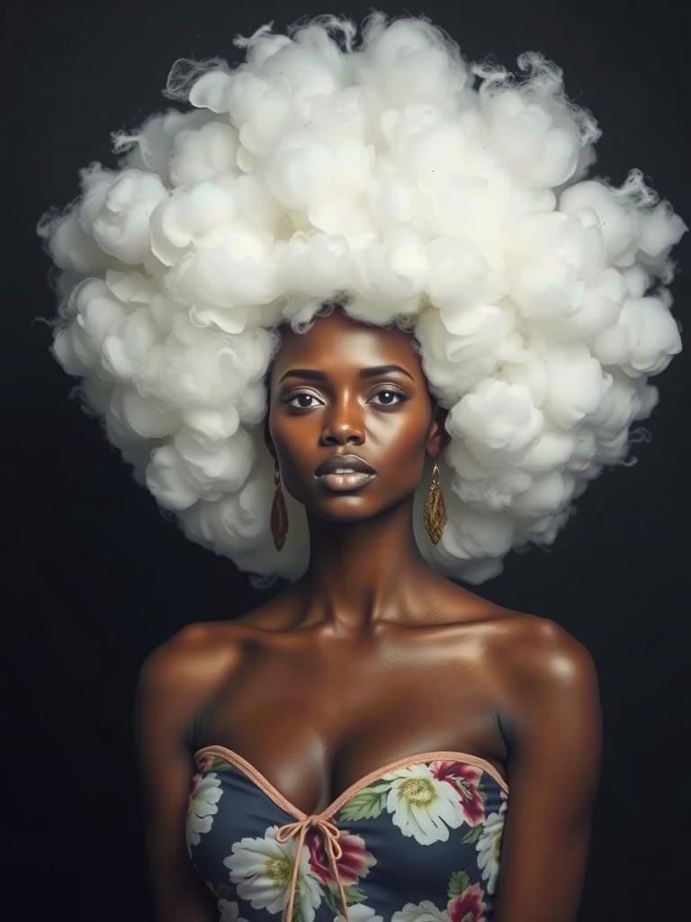 A woman with an afro made of white clouds