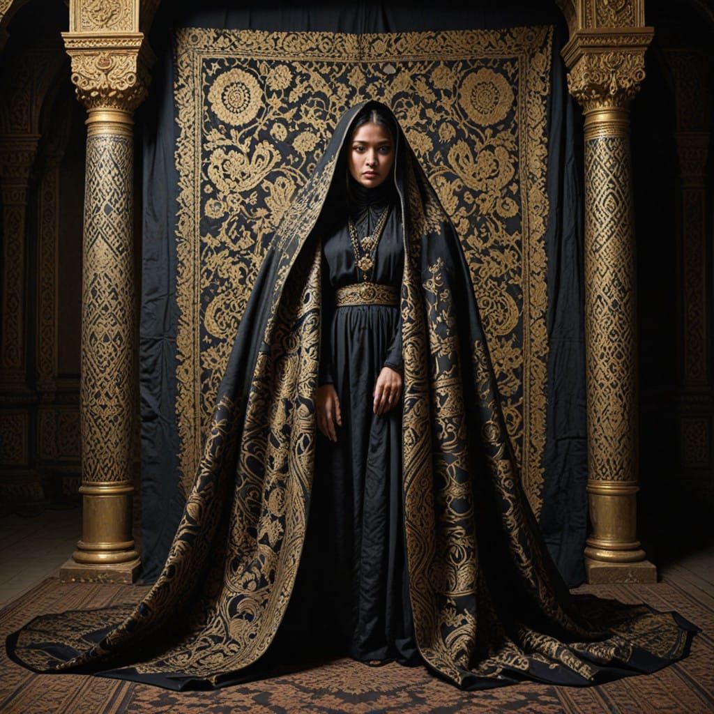 Ethereal Songket Cloth in a Haunted, Abandoned Chamber