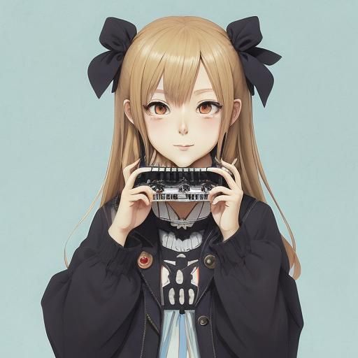 Cute Girl Plays Harmonica in Anime Style