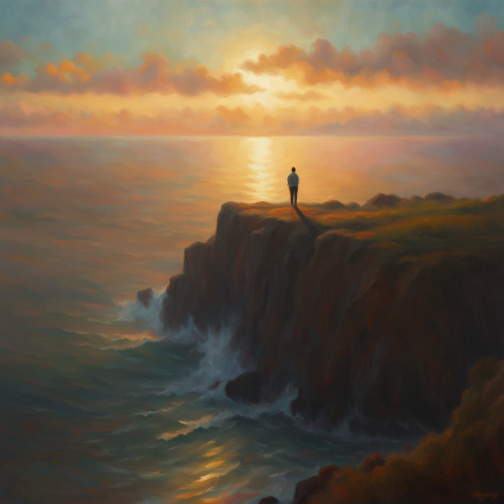 Impressionist Painting of Person on Cliff at Sunset