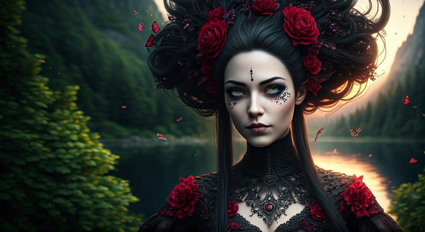 Gothic Enchantress in Emerald Woodland, Hyperrealistic Portr...