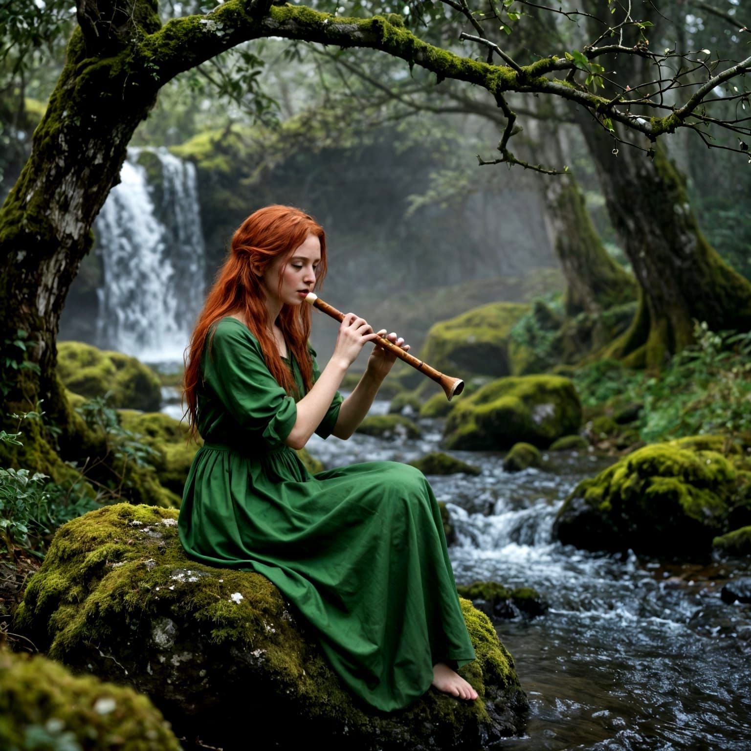 Woman Playing Flute by Irish Waterfall in Ethereal Forest