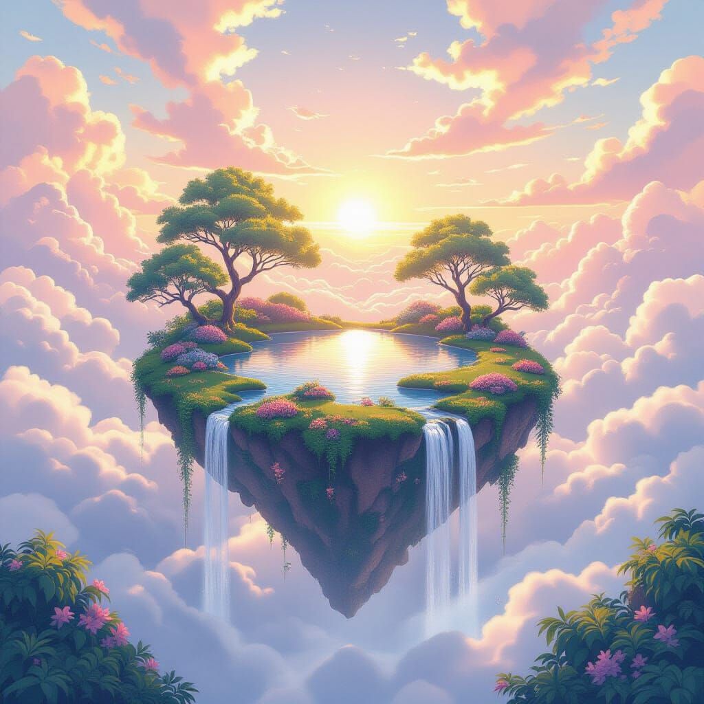 Floating Island Garden at Sunset with Ethereal Flora
