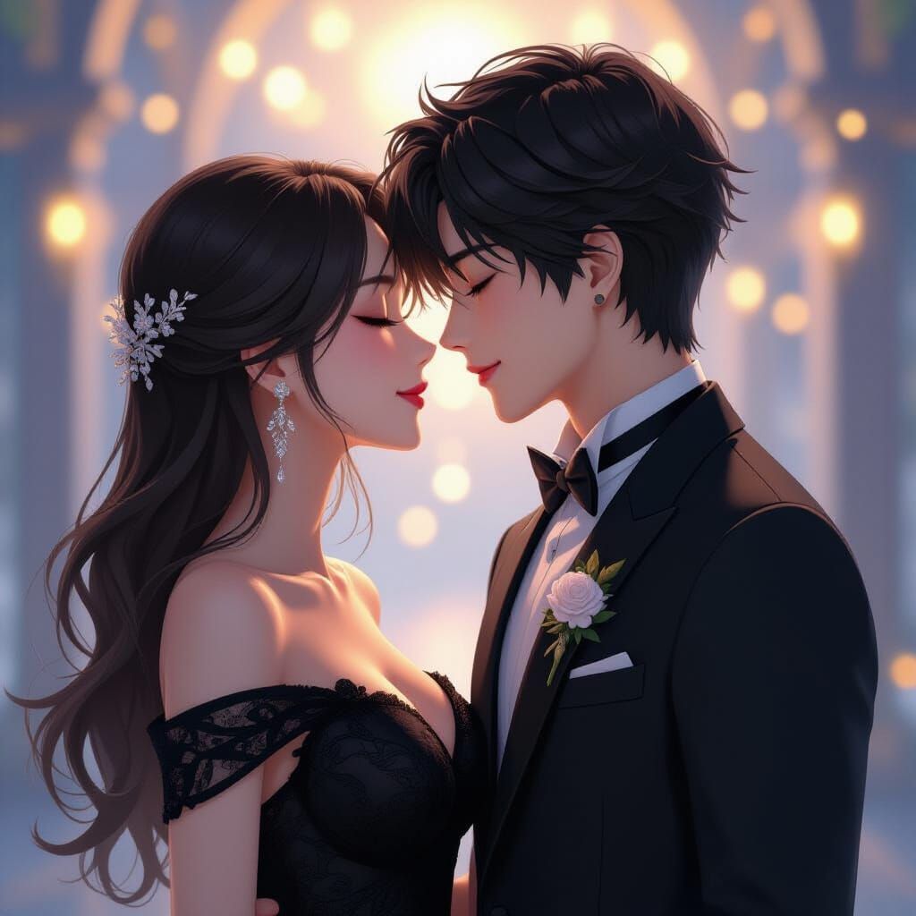 Elegant Couple Sharing a Kiss in Anime Style