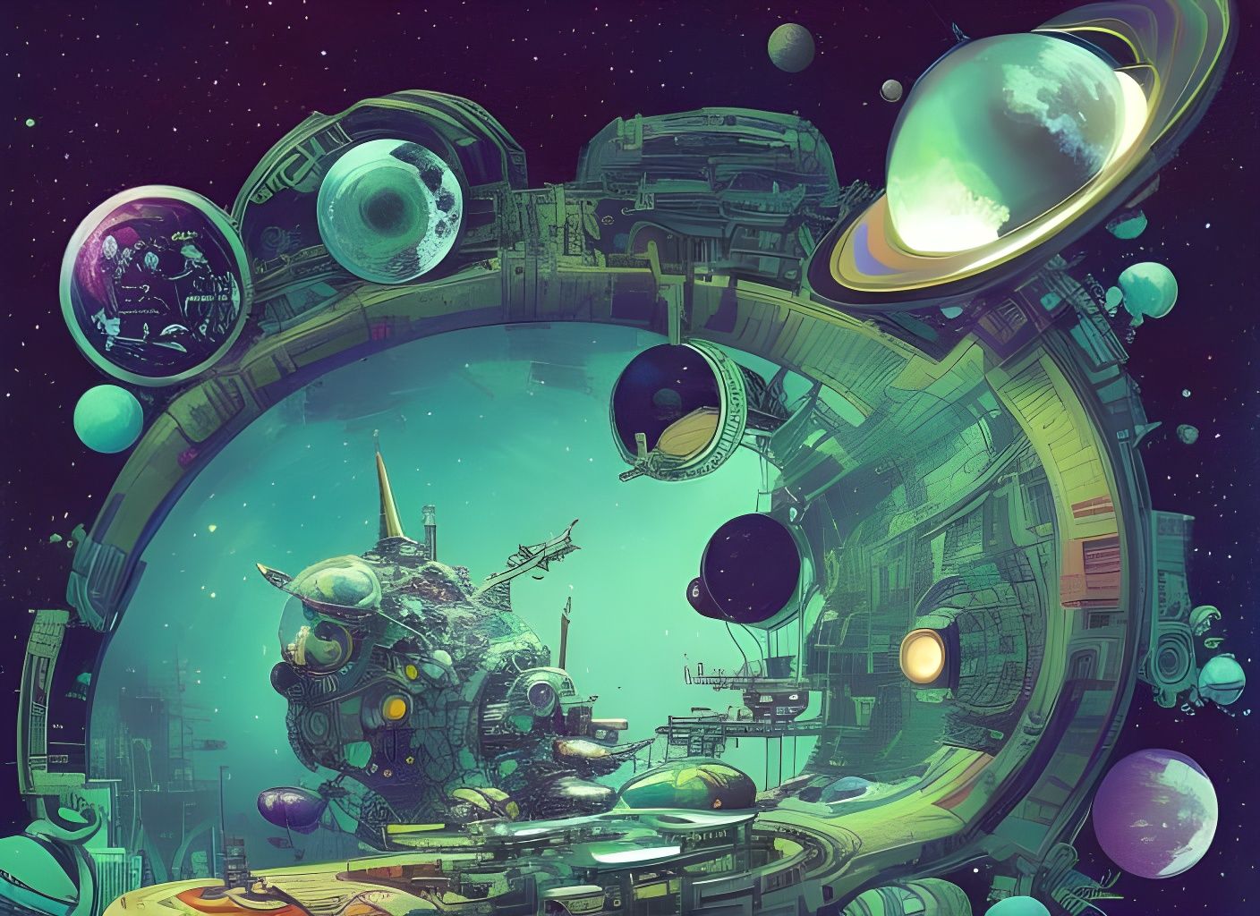 Spaceship Race Over Green Planet in Splash Art Style