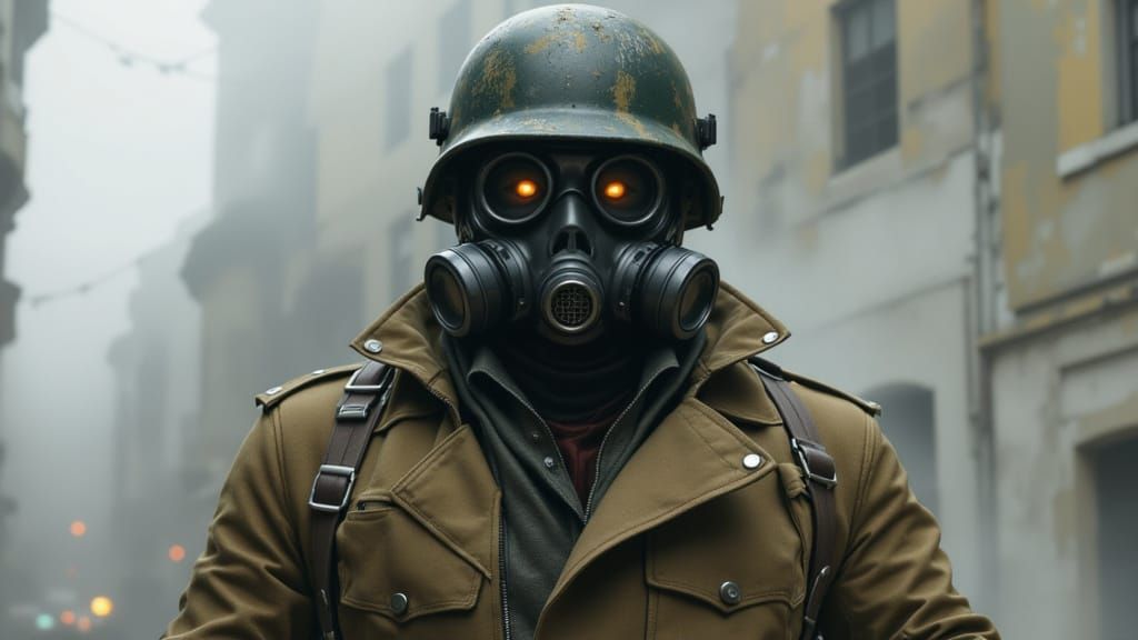 A large man in a gas mask, military helmet, and trench coat. <lora:Accu:1.0>
