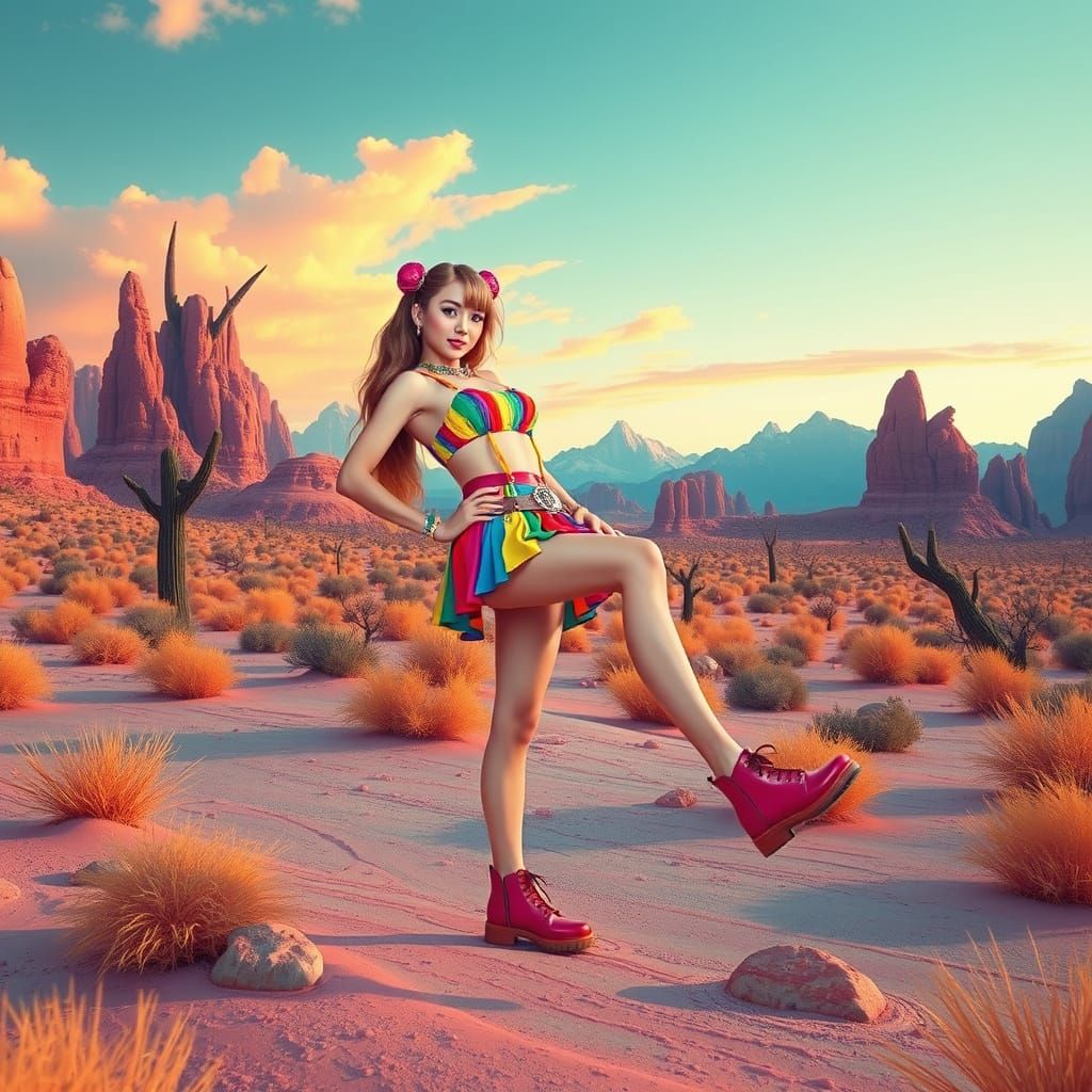 Vibrant Pin-Up Model in a Cambrian-Inspired Desert
