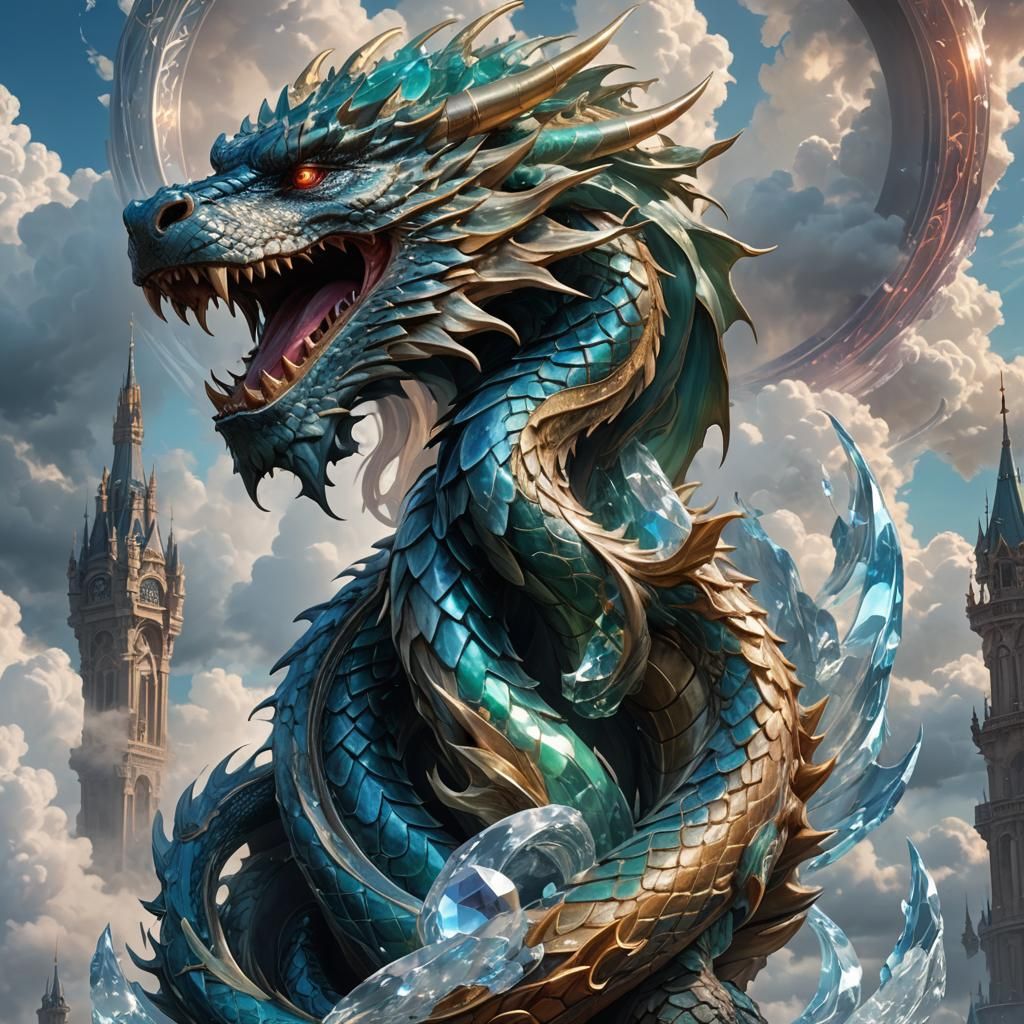 Dragon Coiled Around Crystal Tower in High Fantasy Style