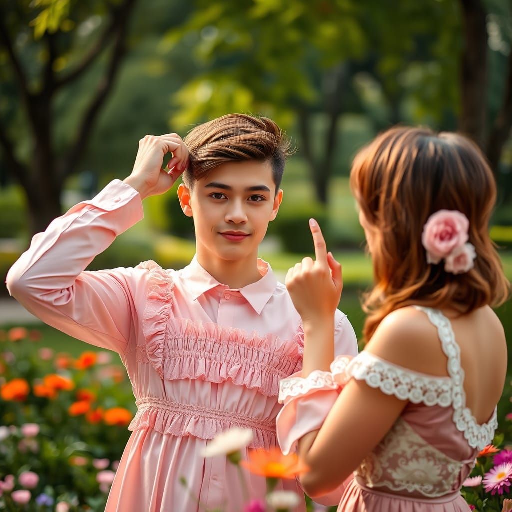 Elegant Young Man in Pink Frilly Dress Captured in Serene Pa...