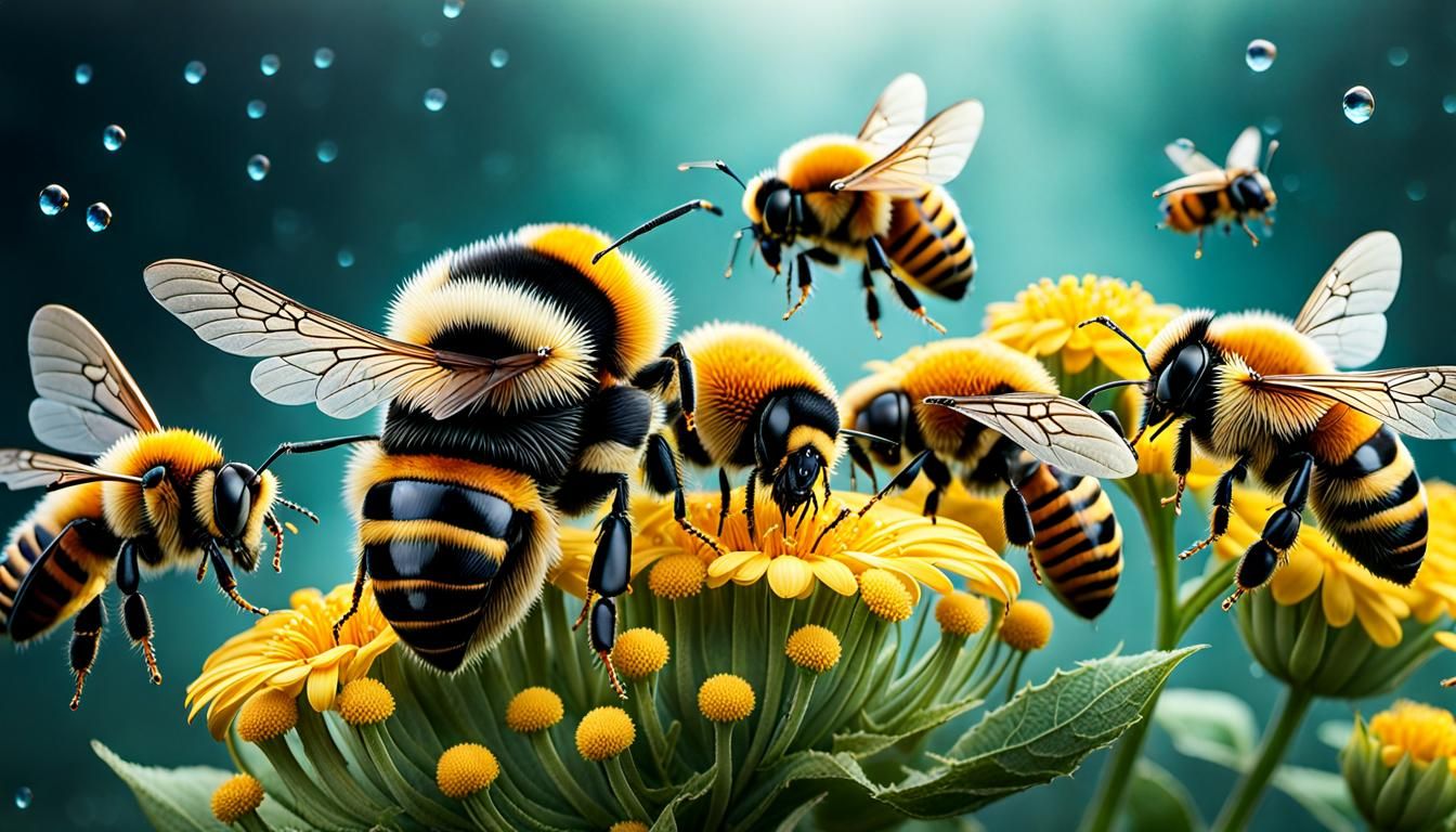 Hyperrealistic Macro Swarm of Pollen-Covered Insects