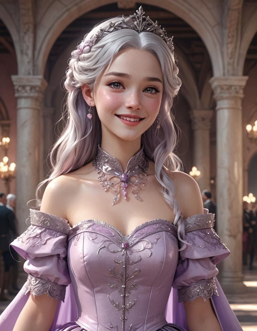 Anime Princess with Silver Hair in Ballroom