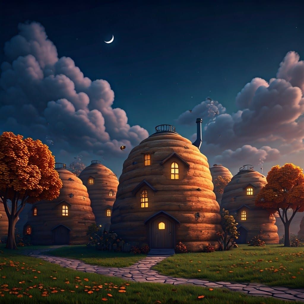 Whimsical 3D Urban Beehive Neighborhood in a Moonlit Setting
