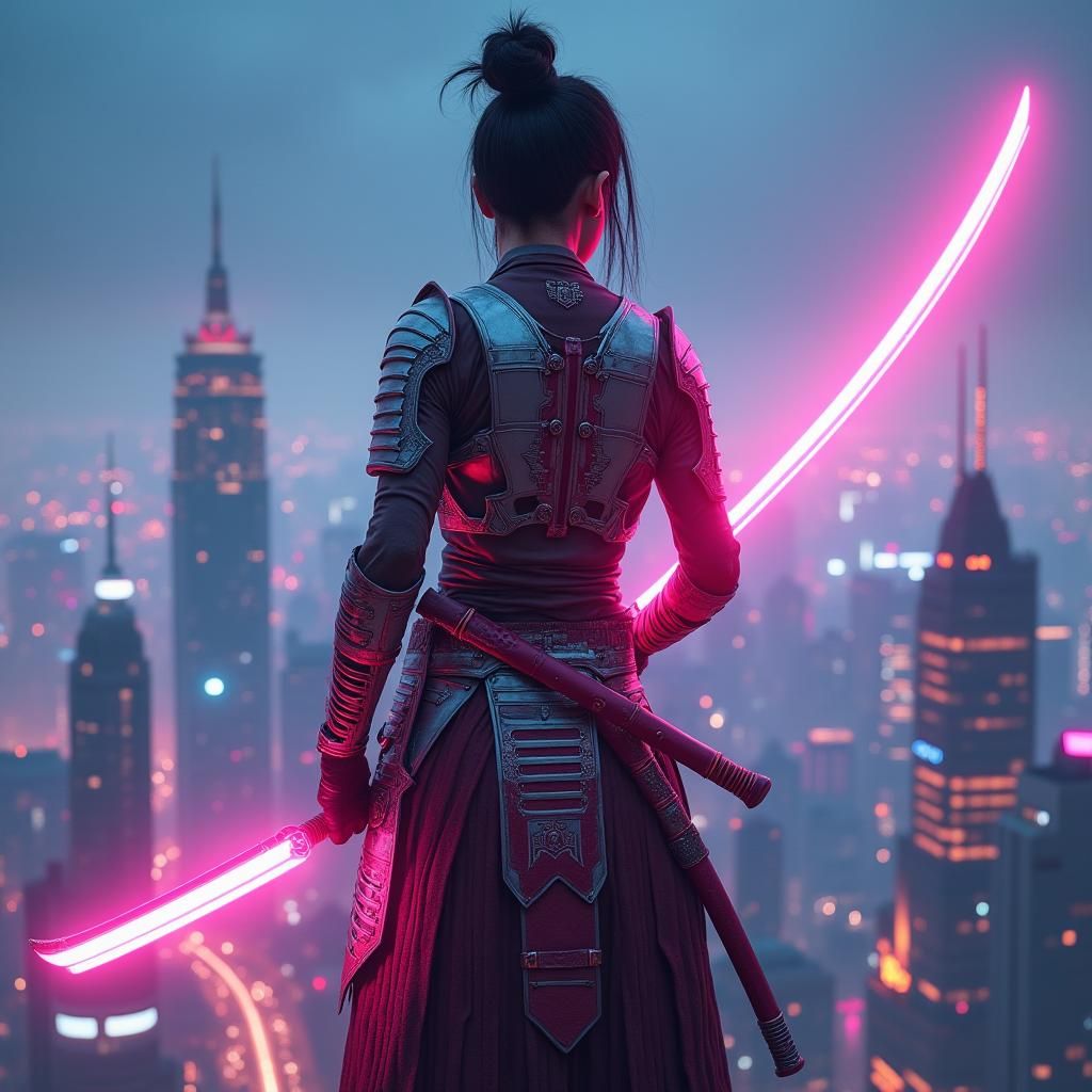 Cyber Samurai Over Neon Cityscape in Cyberpunk Style