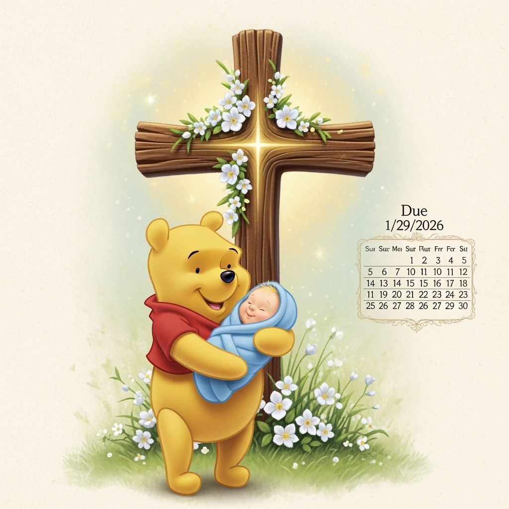 Winnie the Pooh and Baby Before Christian Cross