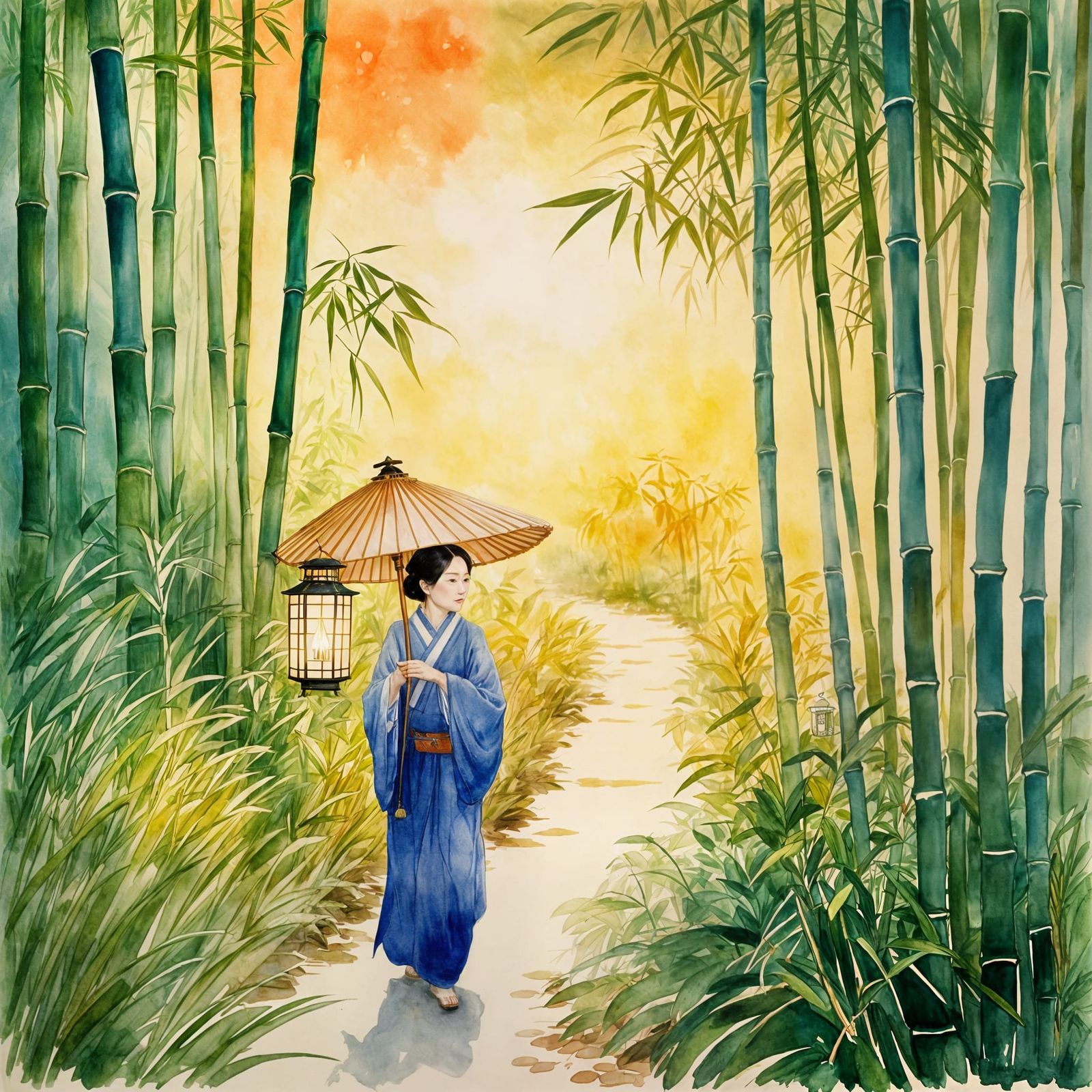 Woman with Lantern in Bamboo Forest, Fantasy Art