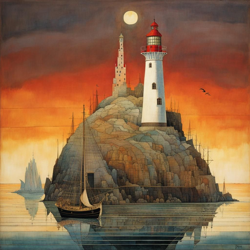 Sunset Lighthouse in Golden Age Illustration Style