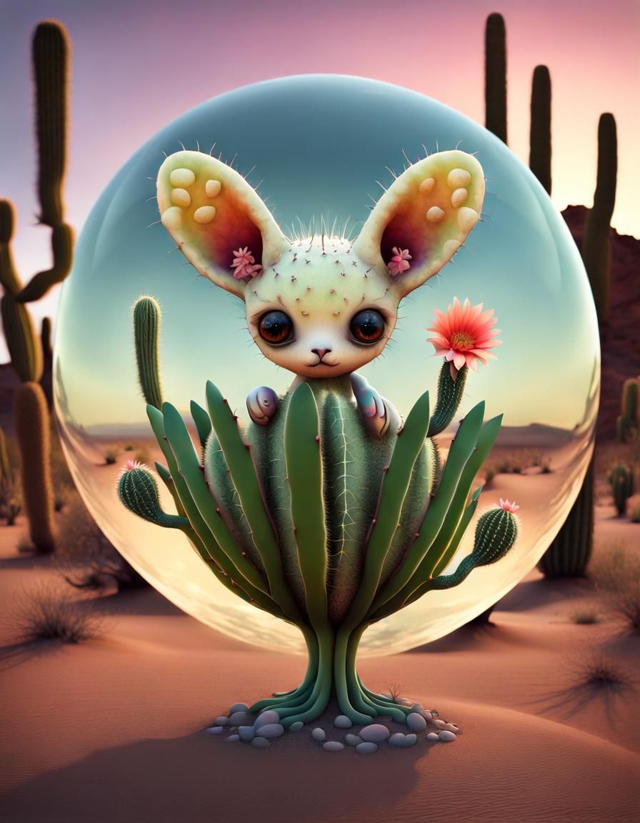 Cactus Mouse in Sphere: Surreal Desert Sunset