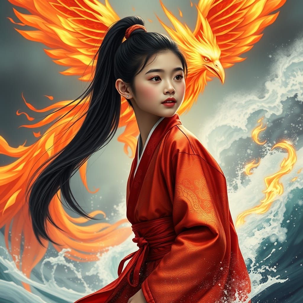 Fiery Phoenix Emerges for Asian Girl: Fantasy Art