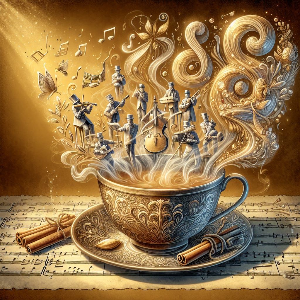 Vapor Band Plays Music Around Teacup in Watercolor