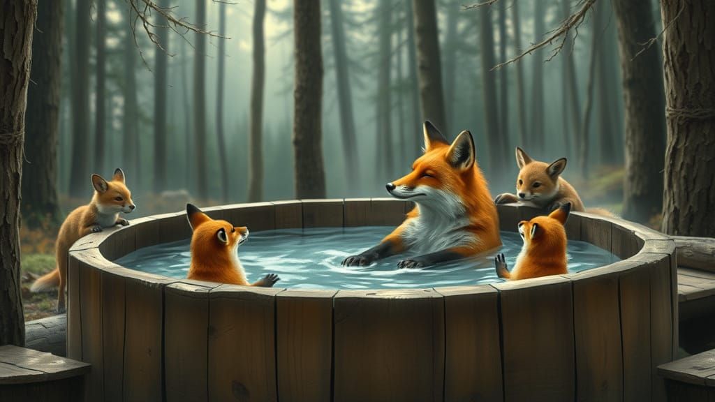 Fox and Friends in Hot Tub, Digital Painting