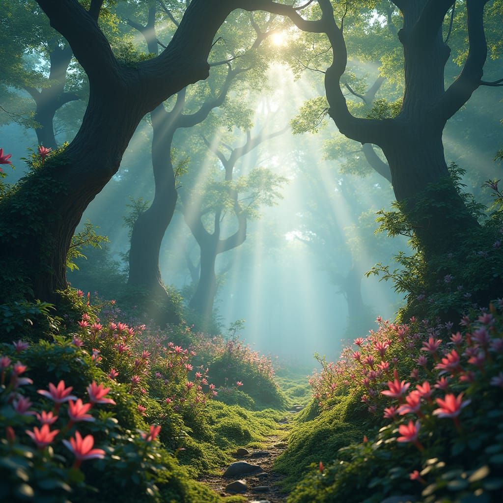 Mystical Forest Scene in Ethereal Light