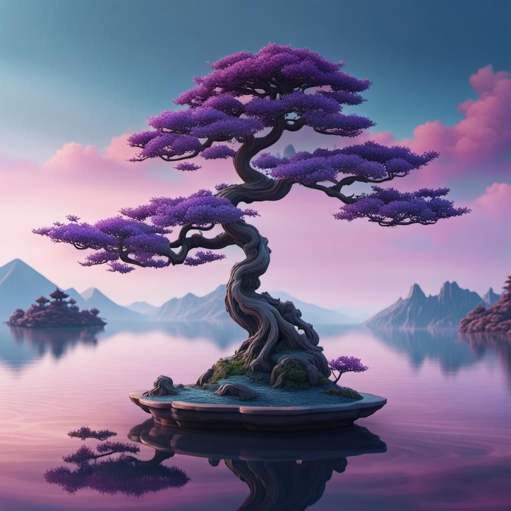 Bonsai Tree with Color Transition in Dreamy Landscape