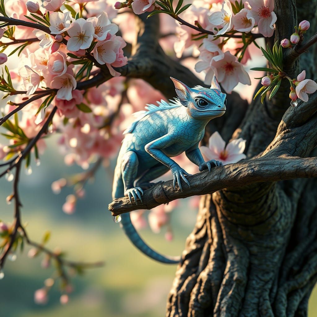 Mystical Creature on Ancient Oak Branch in Whimsical Landsca...