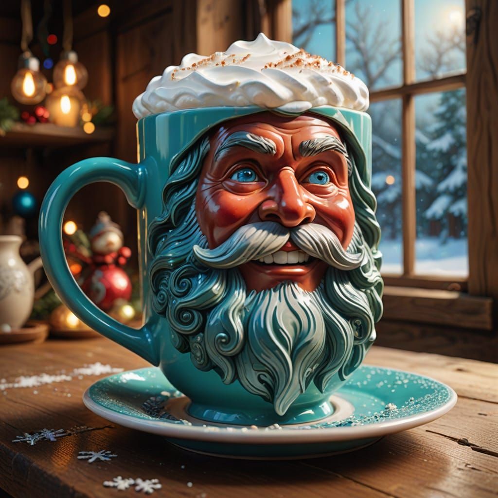 Animated Santa Coffee Mug with Blue Eyes in Rustic Kitchen