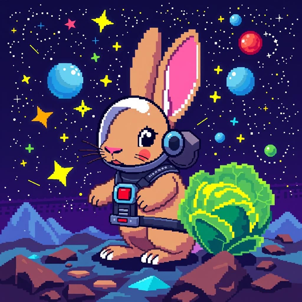 Cosmic Pixel Art Rabbit and Cabbage in Space