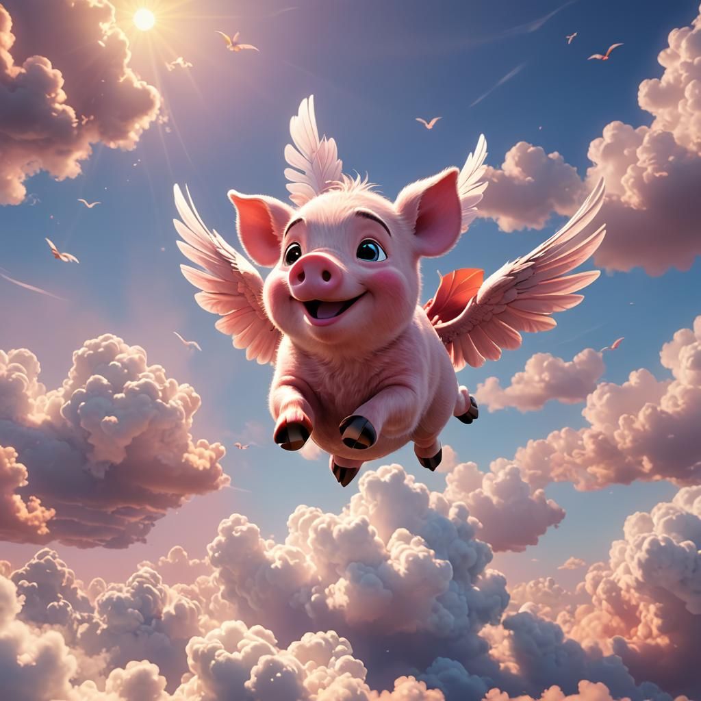 Winged Piglet Flying Through Clouds: 3D Digital Art