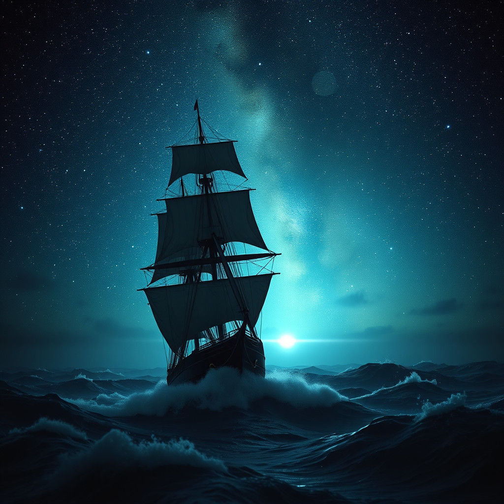 Tall Ship Steers Through Stormy Seas Under Starry Milky Way
